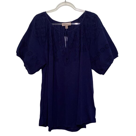 Philosophy Eyelet Womens Top 2X Navy Blue Cottagecore Milkmaid Boho Gypsy Girly - Picture 1 of 9
